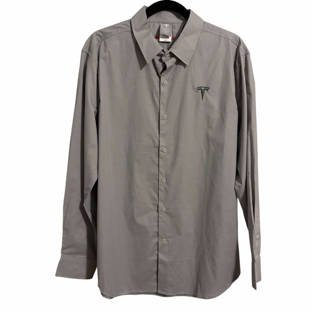 Tesla Men's LS Button Front Shirt Large Gray Embroidered Logo Cotton Poly Blend